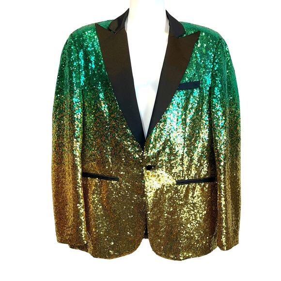 Green and Gold Sequin Tuxedo Jacket Size Large - Picture 1 of 4